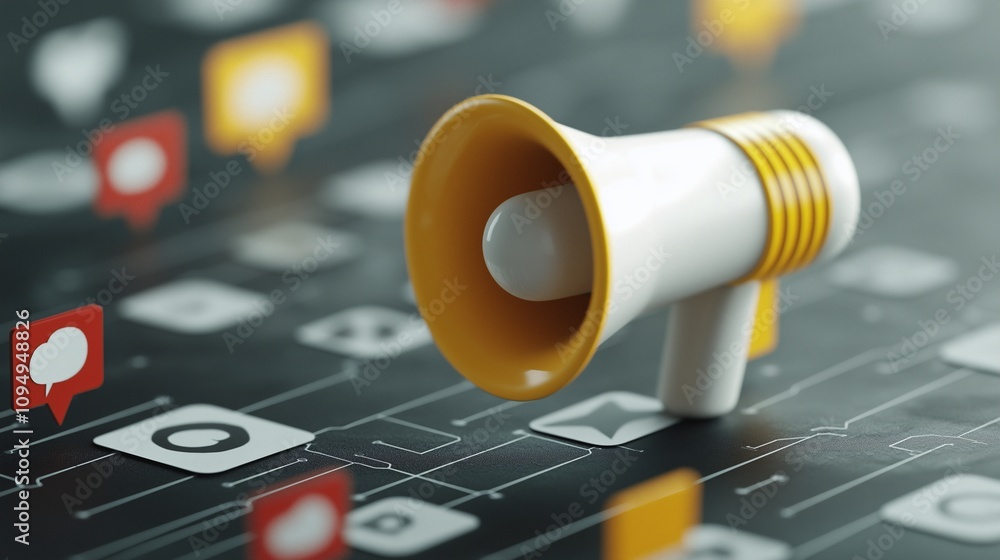 Poster isometric illustration of a loudspeaker with social media icons representing digital communication a