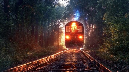 Naklejka premium A train approaches through a misty forest, illuminated by its headlights, creating a mystical atmosphere.