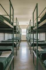 Obraz premium Rows of empty bunk beds in a room.