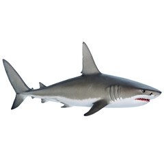 Naklejka premium Powerful great white shark swimming gracefully through the ocean. A study in shades of grey, its sleek form cuts through the water.