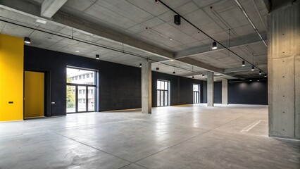 Obraz premium Minimalist concrete interior with dark walls and bright accent walls, dark walls, industrial look, concrete interior, modern minimalism, simple aesthetic