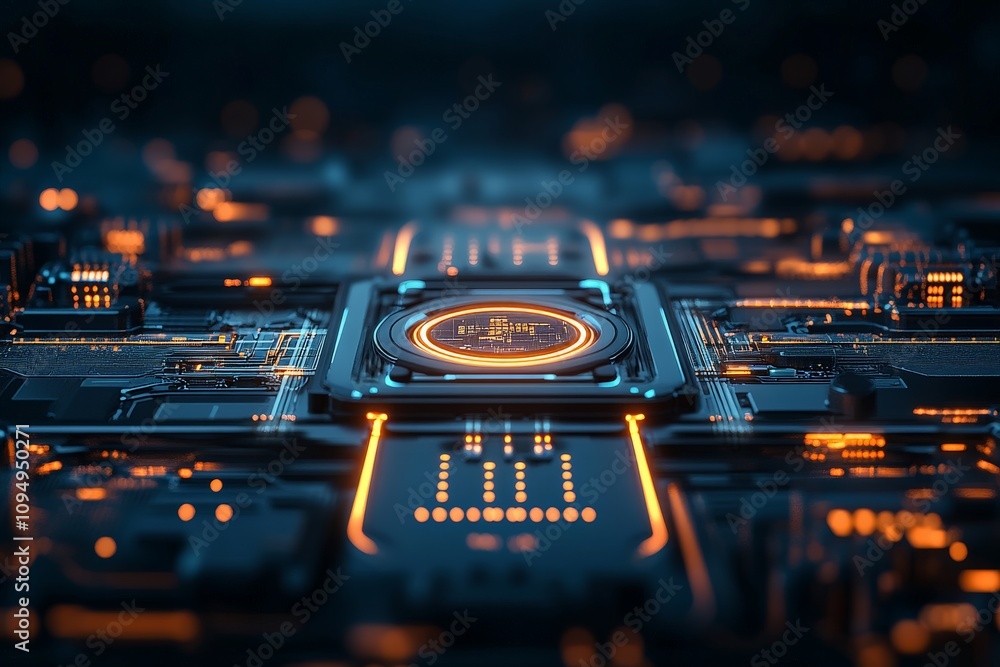 Poster a vibrant circuit board design showcases a glowing central processing unit at its core, emphasizing 