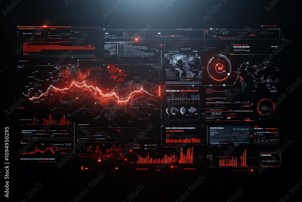 Poster an advanced digital interface in vivid red tones features a range of analytics tools, including maps