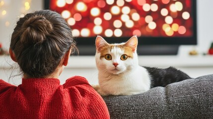Cozy evening with cat and owner living room lifestyle image warm environment intimate viewpoint pet companionship