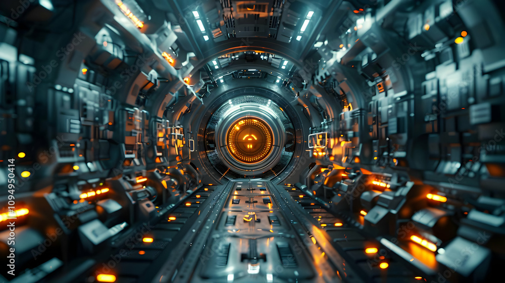 Poster futuristic 3d render of a spaceship corridor with glowing orange lights