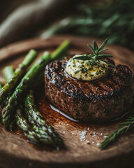 succulent grilled filet mignon with melting herb butter, garnished with rosemary and asparagus on a wooden plate