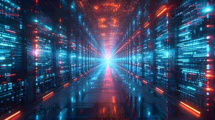 Abstract 3D Digital Corridor: Glowing Blue and Red Data Streams Converge in a Futuristic Server Room, Representing Infinite Data Processing.
