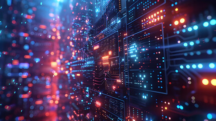 Obraz premium Abstract 3D Digital Circuit Board Background with Glowing Lights and Data Streams, Futuristic Technology Illustration