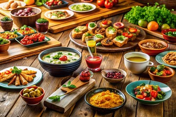 Delicious and Colorful Food Presentation on a Wooden Table with a Stylish PowerPoint Deck Template for Engaging Culinary Presentations and Cooking Classes