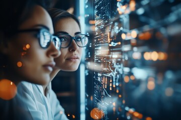 Two women observe an illuminated digital interface reflecting data analytics, representing collaboration in technology and scientific exploration.