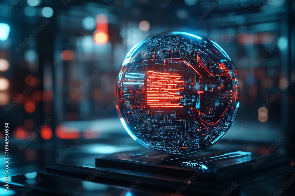 Poster a spherical digital object glowing with red circuits, representing advanced technology in a futurist