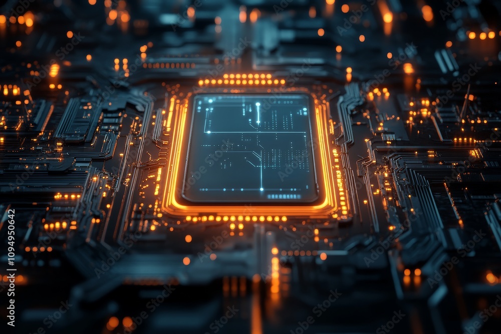 Poster a detailed image of a glowing microchip embedded in a complex circuit board, epitomizing the advance