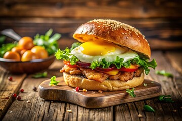 Delicious Breakfast Sandwich with Egg, Cheese, and Bacon on a Rustic Wooden Table with Copy Space to Highlight Morning Meal Ideas and Inspiration