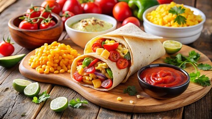 Delicious Breakfast Burrito Clipart Featuring a Colorful Array of Ingredients Wrapped in a Flour Tortilla with Fresh Avocado and Salsa on the Side for a Vibrant Morning Meal