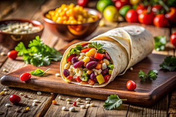 Delicious Burritos Filled with Fresh Ingredients and Vibrant Colors on a Wooden Table, Perfect for Food Lovers and Culinary Enthusiasts, with Ample Copy Space for Text Overlay