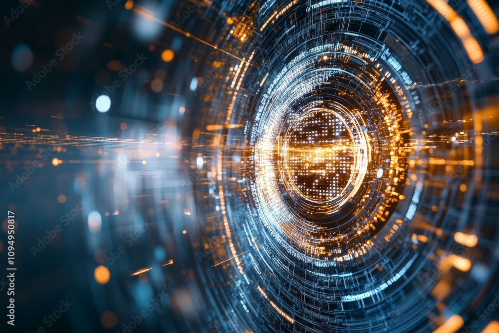 Poster a captivating scene of a digital vortex centered around brilliant streams of data and light, evoking