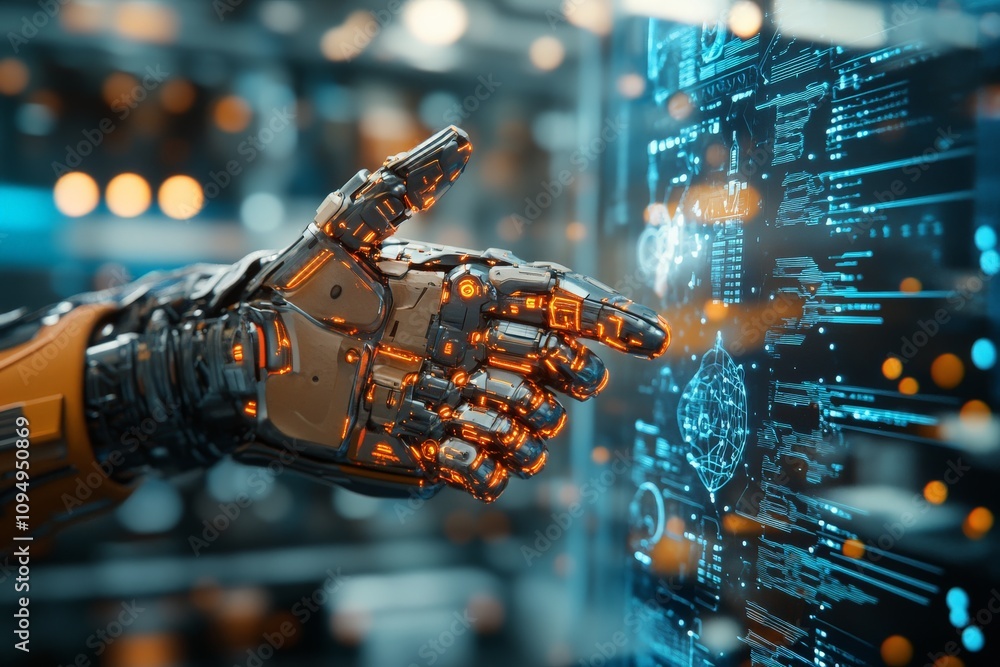 Poster a sleek robotic hand reaching out to a digital interface filled with coded information and glowing g