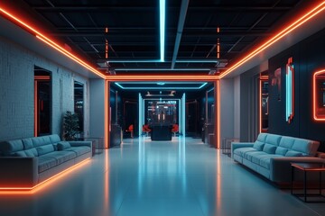 A neon-lit hallway with vivid blue and orange lights, featuring modern furnishings that set a futuristic tone, blending architectural and technological aesthetics.