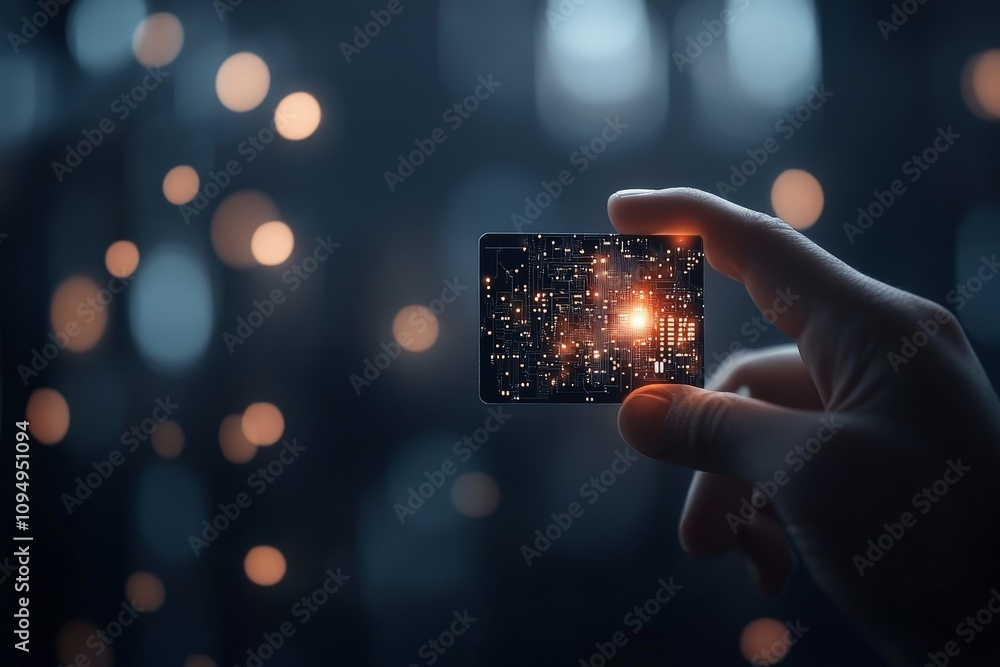 Poster a close-up of a hand holding a microchip, illustrating the intricacy and complexity of modern digita
