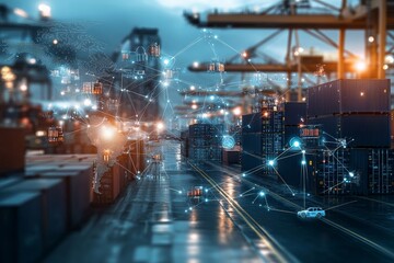 Fototapeta premium A busy container yard bustling with stacked shipping crates displays a shimmering digital network overlay, hinting at global trade in the interconnected digital age.
