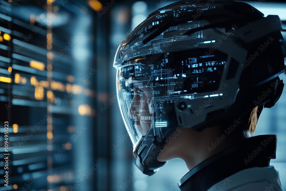 Poster a person wearing a cutting-edge helmet with data displays on the visor, representing advanced techno