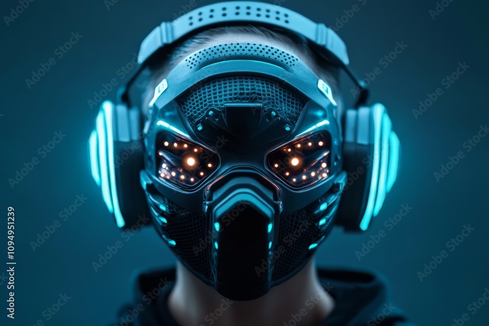 Poster an up-close view of a sleek, futuristic mask featuring intricate illuminated details. reflecting adv