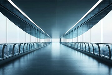 Obraz premium A sleek, futuristic glass corridor with panoramic city views, highlighting the synergy of modern architecture, innovation, and openness in urban environments.