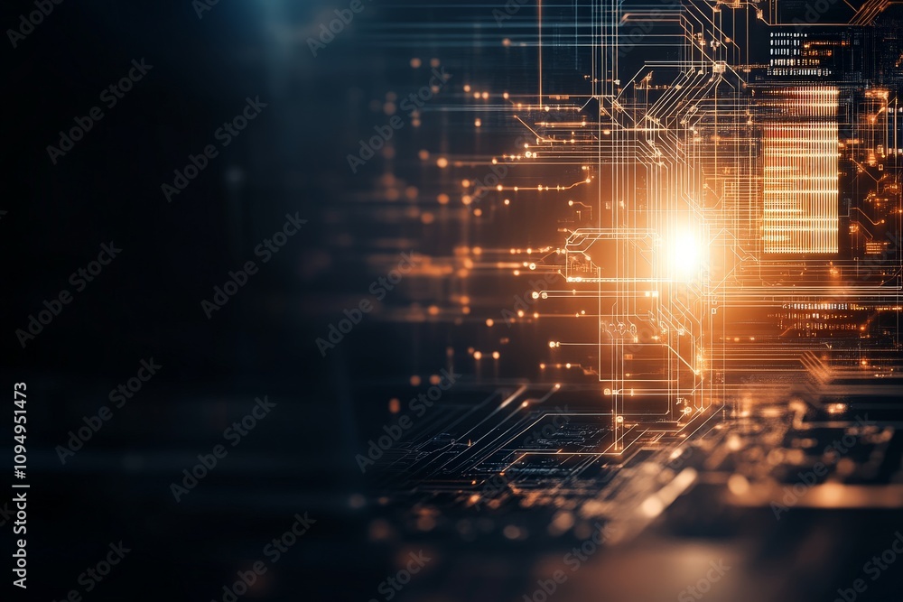 Poster a striking image of a digital circuit board with vivid glowing light effects, showcasing the interco