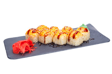 Sushi on a black plate isolated on a white background. Sushi menu