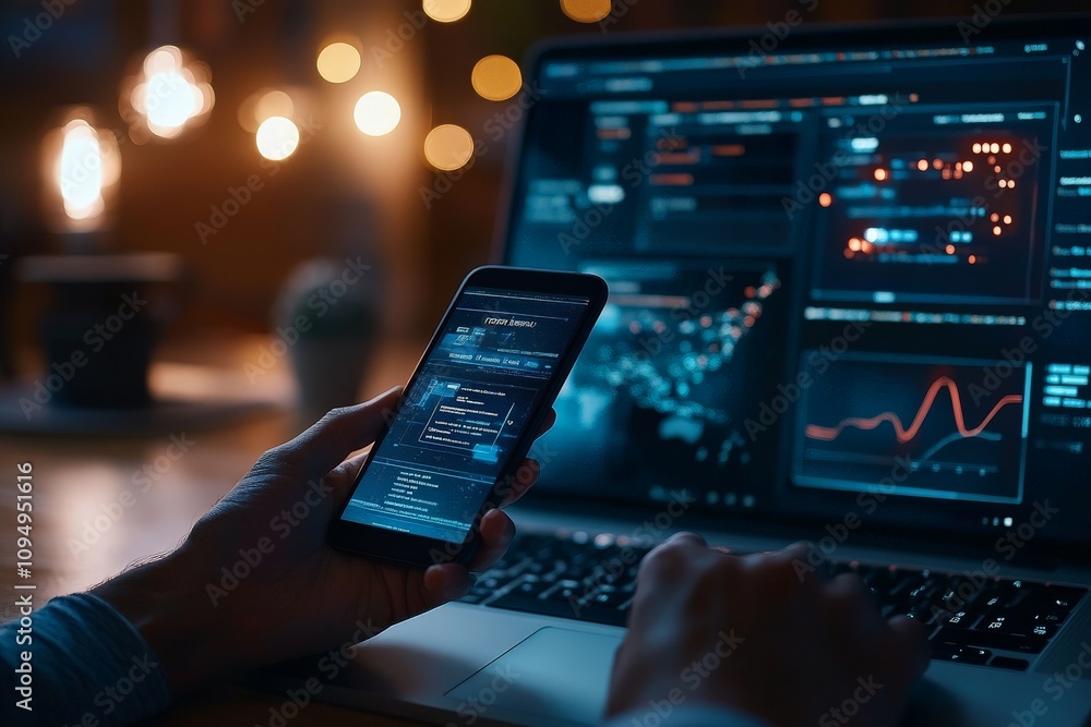 Poster a person uses both a smartphone and a laptop to analyze data in a comfortable environment, illustrat