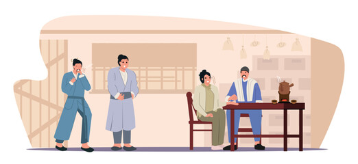 An ancient Chinese oriental doctor puts his hand on a patient's wrist and measures the pulse at the oriental clinic. sick patient visits doctor concept arts.