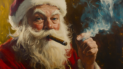 Charming vintage Santa Claus smoking a cigar, surrounded by a cozy festive glow. Perfect for unique Christmas cards or nostalgic holiday designs