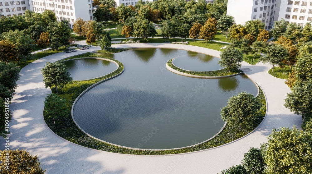 Poster a serene park scene featuring a circular pond surrounded by trees and walking paths.