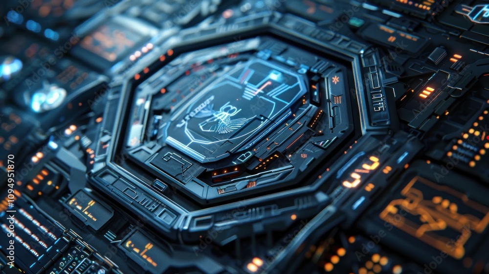 Poster a close-up view of a futuristic circuit board with intricate designs and glowing elements.