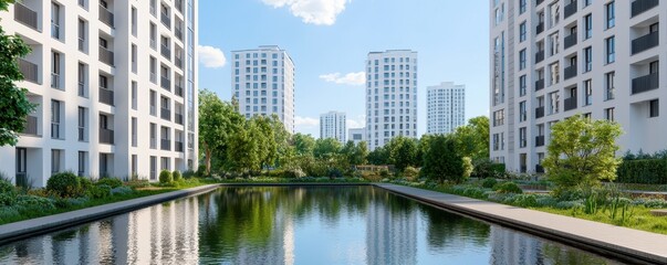 Modern residential buildings line a serene canal, surrounded by lush greenery and blue skies, creating a tranquil urban landscape.