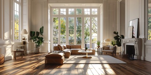 Beautiful living room interior with hardwood floors and fireplace in new luxury home. Large bank of windows hints at exterior view. Generative AI