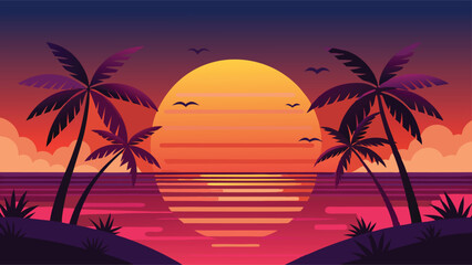 tropical sunset with trees