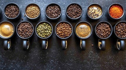 Exploring coffee varieties artisan coffee cups modern cafe beverage photography rustic atmosphere top-down view flavor profiles