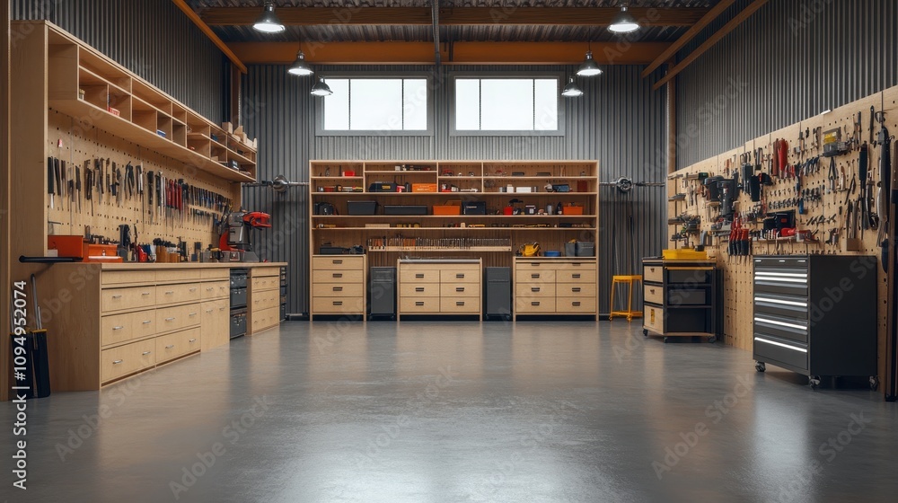 Poster a spacious workshop filled with tools and workbenches for various projects.