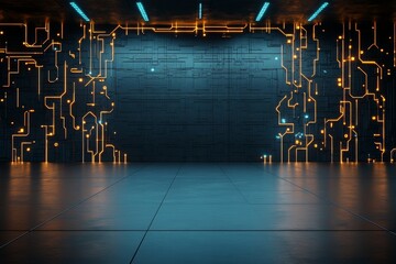 A digital wall displays intricate glowing circuit patterns with vibrant blue and orange lighting lines, blending technology and artistry in a futuristic environment.