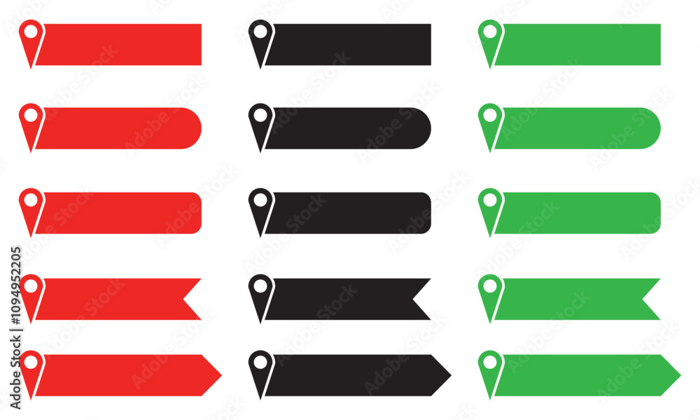 Fototapete set of red, green and black pin text tag icons. pointer icon pin on the map with space for text. iso