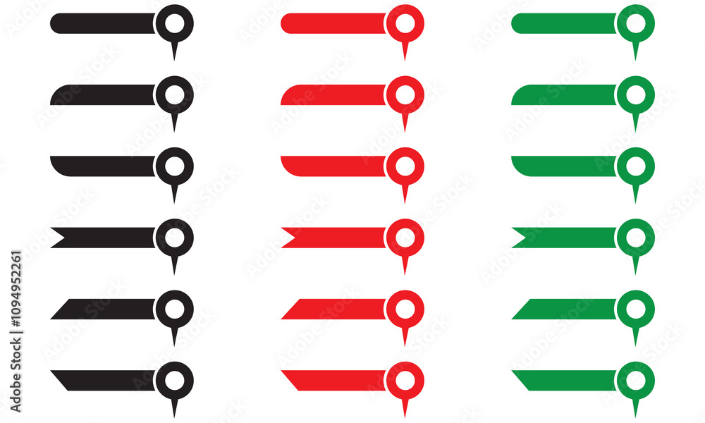 Poster set of red, green and black pin text tag icons. pointer icon pin on the map with space for text. iso