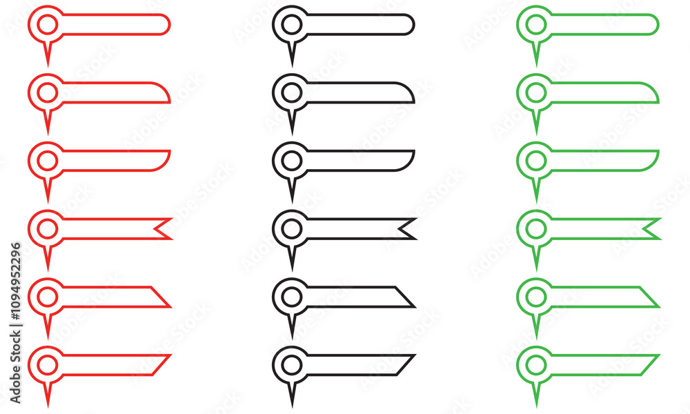 Poster set of red, green and black pin text tag icons. pointer icon pin on the map with space for text. iso