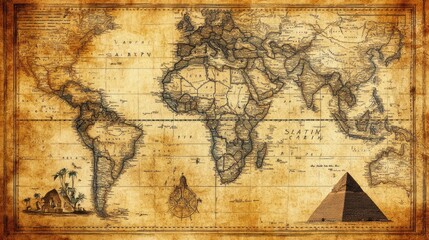 Fototapeta premium Antique World Map Featuring Ancient Landmarks and Ruins