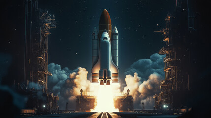 Obraz premium Spaceship ascending from launch pad at space station 