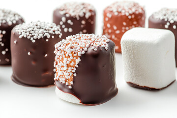 Tasty marshmallows dipped into chocolate isolated on white on white background