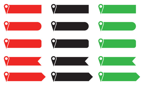 Set of red, green and black pin text tag icons. Pointer icon pin on the map with space for text. isolated on white background.  Vector illustration. EPS 10