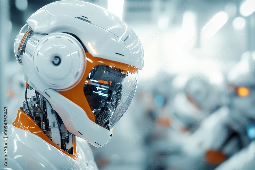 Aufkleber a humanoid robot with sleek design works in a high-tech manufacturing plant, symbolizing the integra