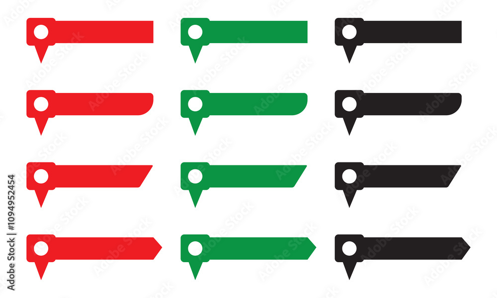 Poster set of red, green and black pin text tag icons. pointer icon pin on the map with space for text. iso