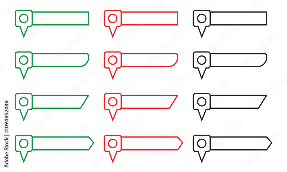 Poster set of red, green and black pin text tag icons. pointer icon pin on the map with space for text. iso